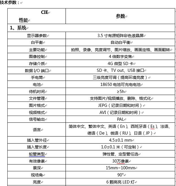 CIE便攜式汽修內(nèi)窺鏡圖像控制、數(shù)據(jù)I/O接口、插入管外徑、長(zhǎng)度等主要性能技術(shù)指標(biāo)