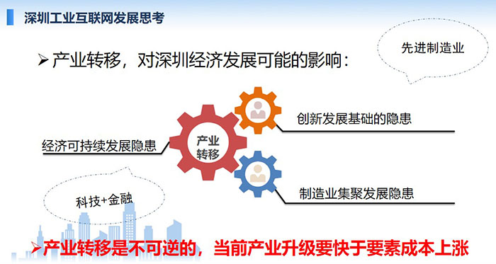 產(chǎn)業(yè)轉(zhuǎn)移，對深圳經(jīng)濟發(fā)展可能的影響：創(chuàng)新發(fā)展基礎的隱患、經(jīng)濟可持續(xù)發(fā)展隱患、制造業(yè)集聚發(fā)展隱患；產(chǎn)業(yè)轉(zhuǎn)移是不可逆的， 當前產(chǎn)業(yè)升級要快于要素成本上漲