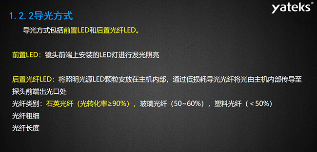 導光方式包括前置LED和后置光纖LED，前置LED：鏡頭前端上安裝的LED燈進行發光照亮，后置光纖LED：將照明光源LED顆粒安放在主機內部， 通過低損耗導光光纖將光由主機內部傳導至探頭前端出光口處