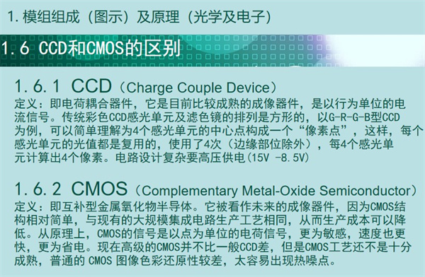 內窺鏡成像模組CCD和CMOS的區別：CCD（Charge Couple Device） 定義：即電荷耦合器件，它是目前比較成熟的成像器件，是以行為單位的電 流信號。傳統彩色CCD感光單元及濾色鏡的排列是方形的，以G-R-G-B型CCD 為例，可以簡單理解為4個感光單元的中心點構成一個“像素點”，這樣，每個 感光單元的光值都是復用的，使用了4次（邊緣部位除外），每4個感光單 元計算出4個像素。電路設計復雜要高壓供電(15V -8.5V)  CMOS（Complementary Metal-Oxide Semiconductor） 定義：即互補型金屬氧化物半導體。它被看作未來的成像器件，因為CMOS結 構相對簡單，與現有的大規模集成電路生產工藝相同，從而生產成本可以降 低。從原理上，CMOS的信號是以點為單位的電荷信號，更為敏感，速度也更 快，更為省電?，F在高級的CMOS并不比一般CCD差，但是CMOS工藝還不是十分 成熟，普通的 CMOS 圖像色彩還原性較差，太容易出現熱噪點。
